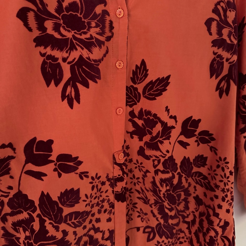 Sundance Velvet Vignette Long Sleeve Button Shirt, Orange w/Burgundy Floral, S - Picture 11 of 13